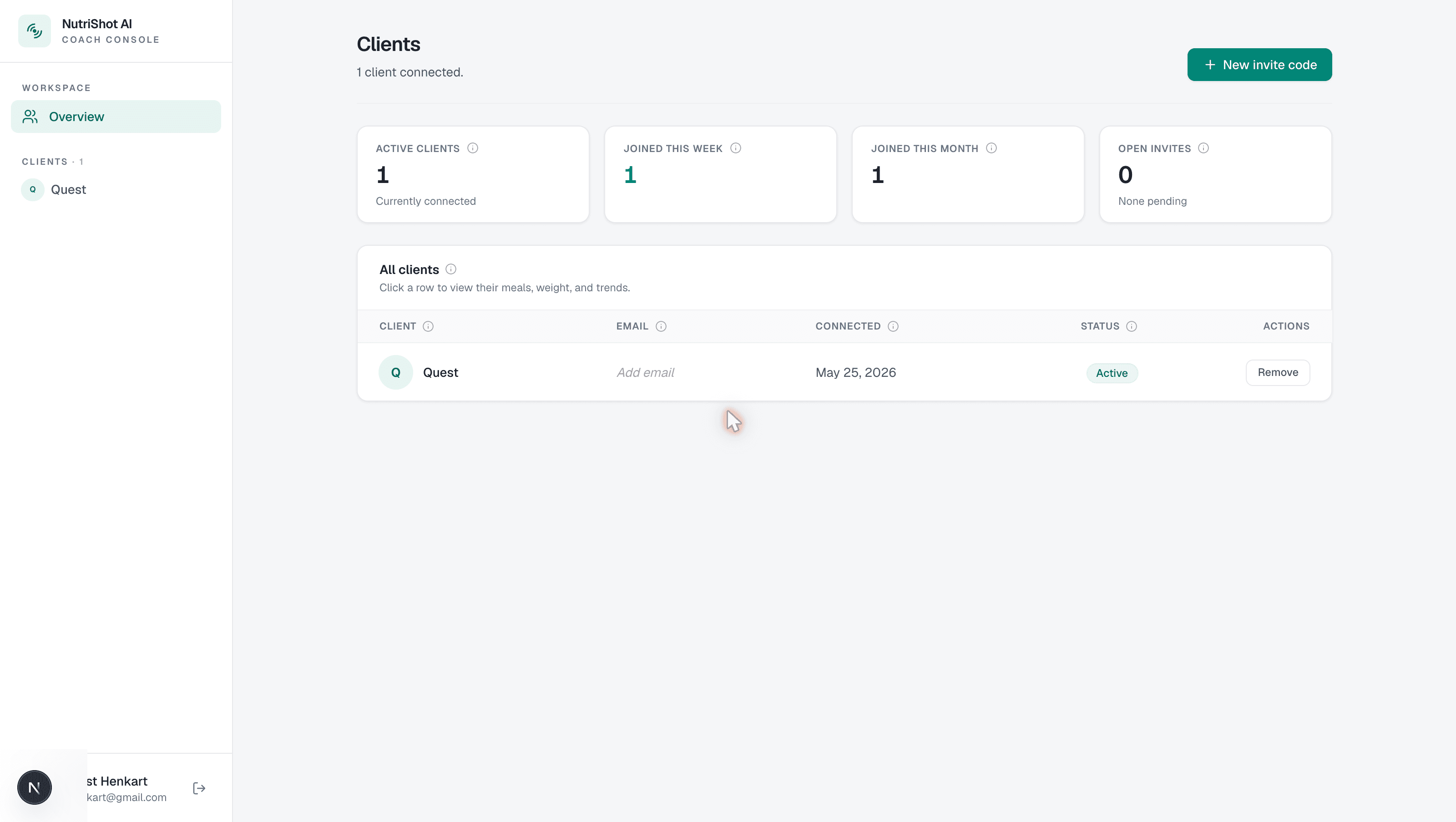 NutriShot AI Coach Console dashboard with client list and invite codes