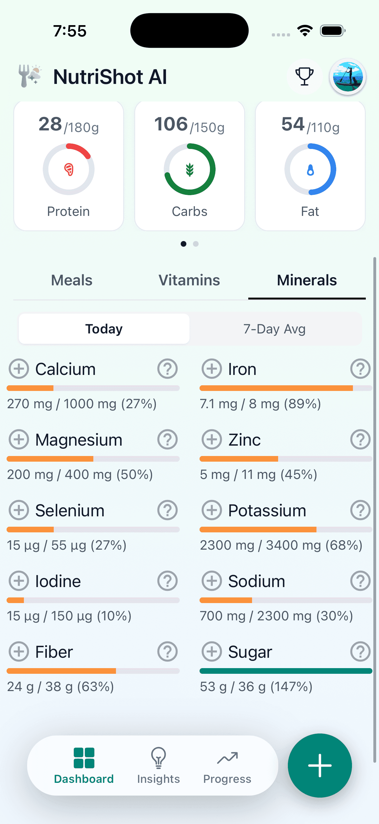 NutriShot AI Minerals tab showing daily intake for calcium, iron, magnesium, zinc, potassium, sodium, iodine and other essential minerals with progress bars