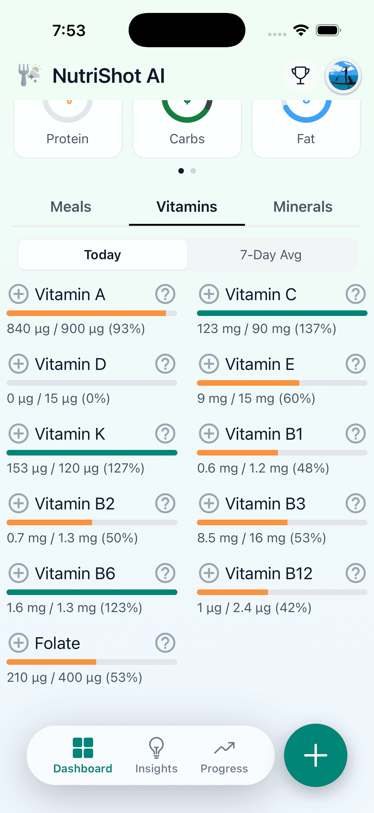 NutriShot AI Vitamins tab showing daily intake for Vitamin A, C, D, E, K, B-complex, folate and other essential vitamins with progress bars